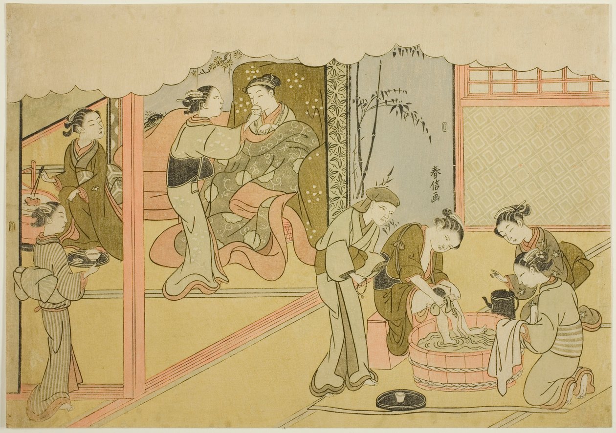 The First Childbirth (Uizan), det syvende arket i serien "Marriage in Brocade Prints, the Carriage of the Virtuous Woman (Konrei nishiki misao-guruma)" av Suzuki Harunobu