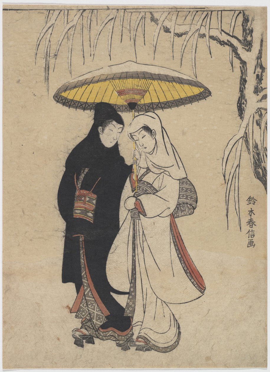 The Oriental Arts : Young Lovers Walking Together under an Paraply in a Snow Storm par Harunobu, Suzuki (1724-1770), ca 1769. Fargetresnitt, 25,7x19,1. Privat samling av Suzuki Harunobu