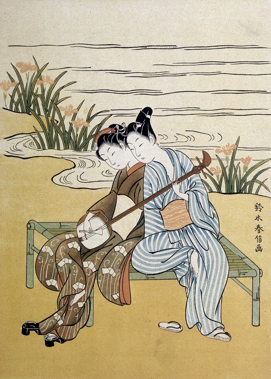 The shamisen: par som spiller shamisen (eller samisen: langermet lut med tre strenger) - av Harunobou, i "Japan artistique""", juli 1890 av Suzuki Harunobu