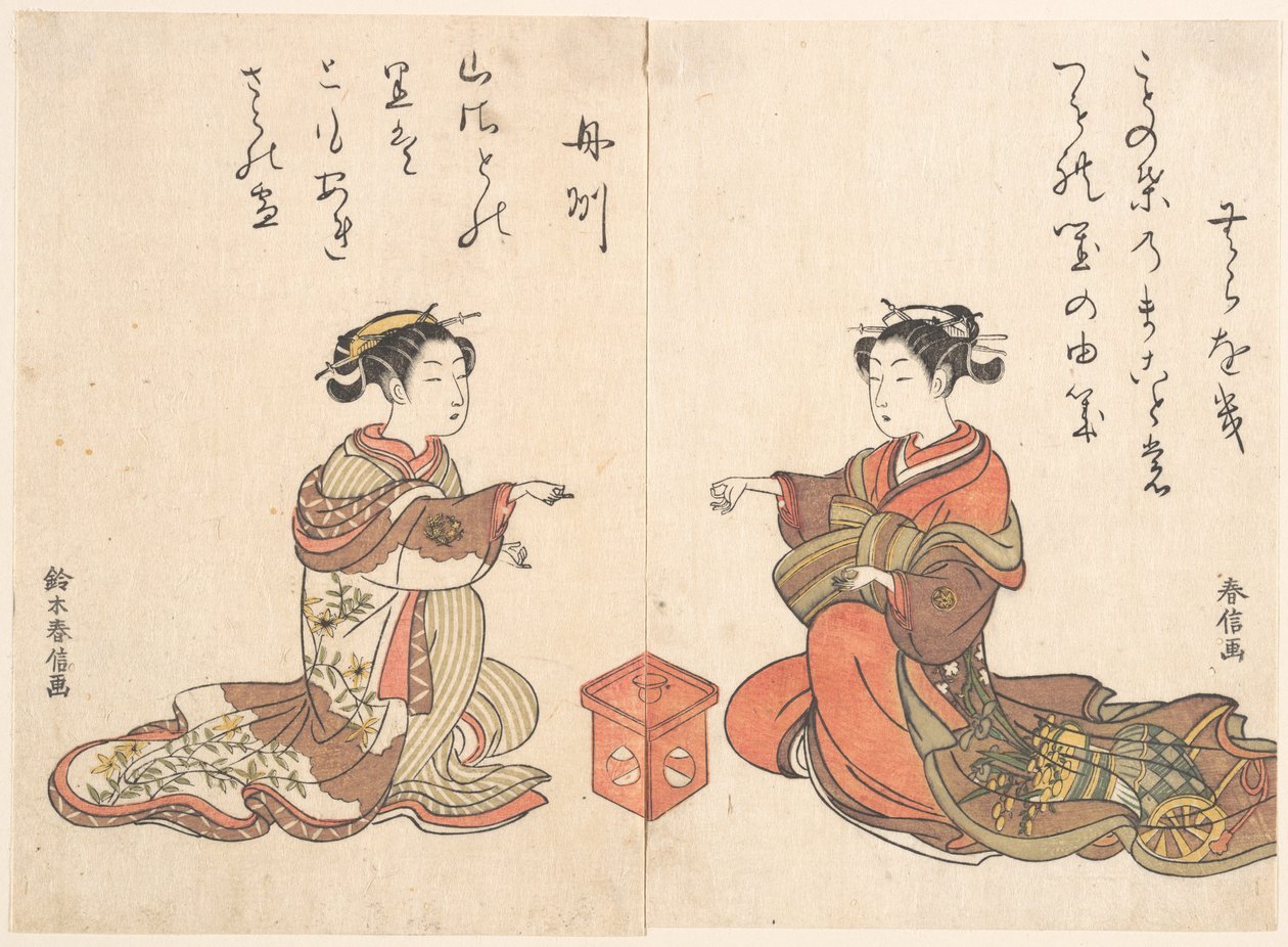 To jenter spiller fingerspillet Kitsume Ken av Suzuki Harunobu