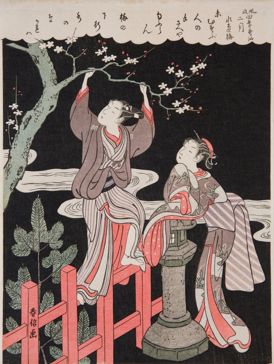 Vår (februar). En ung mann brekker en gren av et blomstrende plommetre til sin elskede, fra serien: Forfinede dikt om de fire årstidene / Fūryū shiki kasen av Suzuki Harunobu