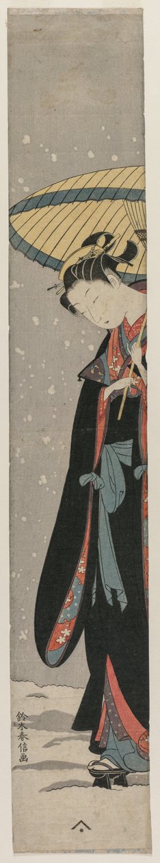 Kvinne Bihin med parasoll i snø Fra serien Mu Tamagawa. av Suzuki Harunobu