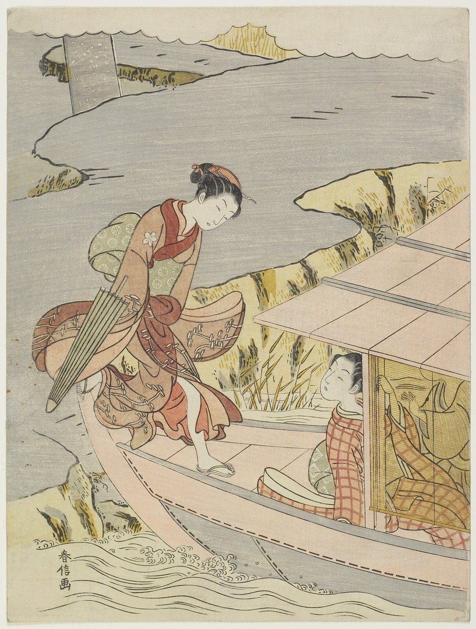 Kvinne som går ombord i en båt, ca. 1767 av Suzuki Harunobu