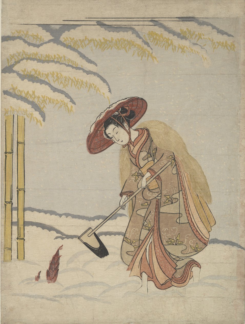 Woman Digging Bamboo Shoots in the Snow, eller parodi på Meng Zong Moso, fra Twenty-Fo..., ca. 1765. av Suzuki Harunobu
