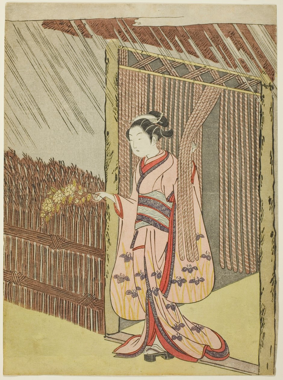 Kvinne som holder en gren av Kerria-blomster i regnet (parodi på Ota Dokan) av Suzuki Harunobu