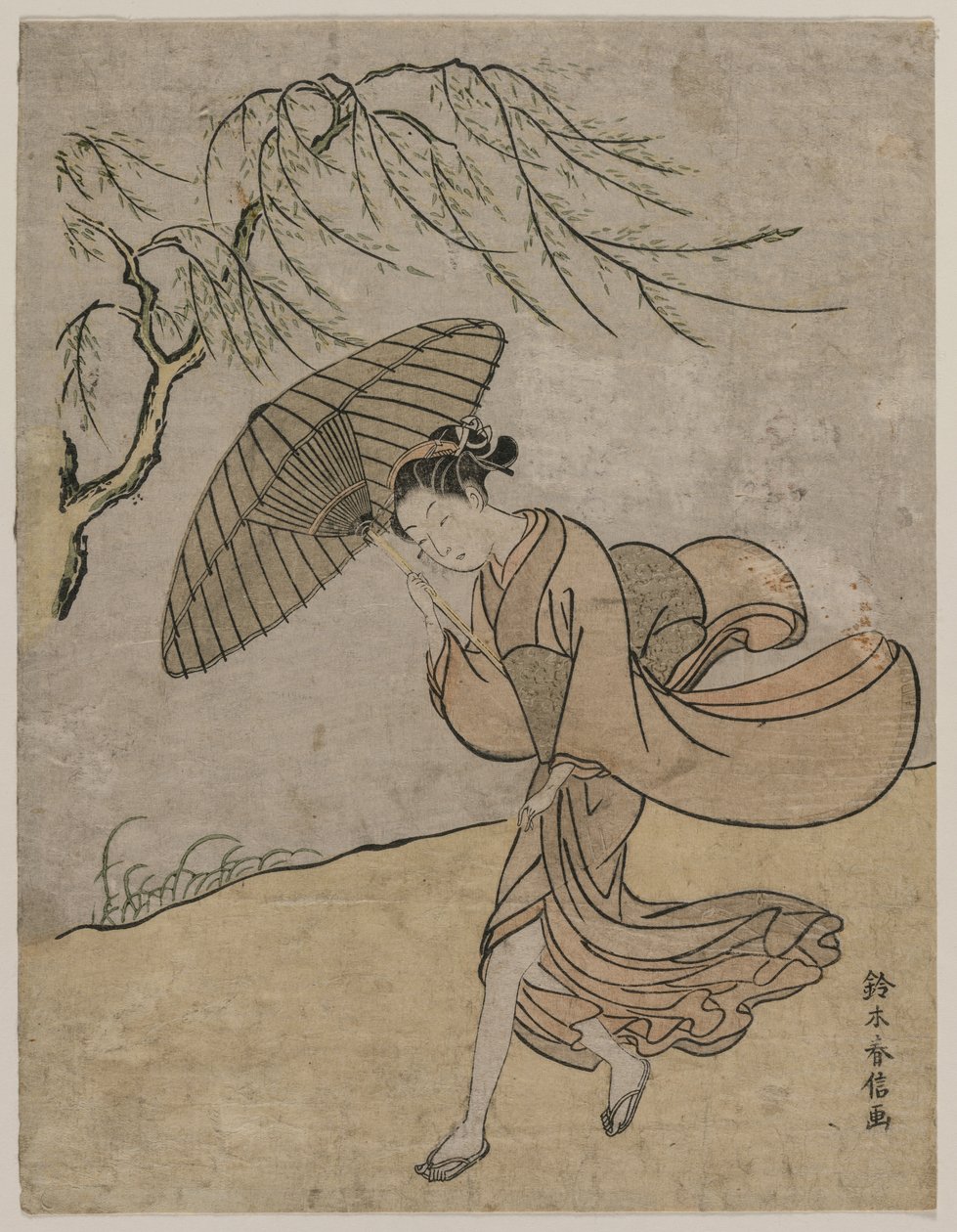 Kvinne som løper forbi et piletre i en bris, 1766 eller 1767. av Suzuki Harunobu