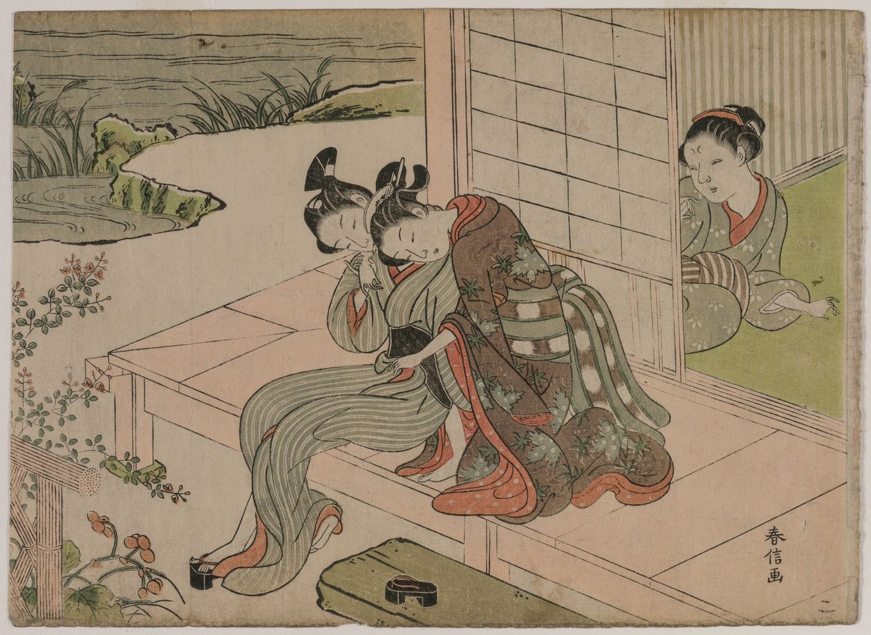 Kvinne som ser på ungt par omfavne seg på en veranda, sent på 1760-tallet. av Suzuki Harunobu
