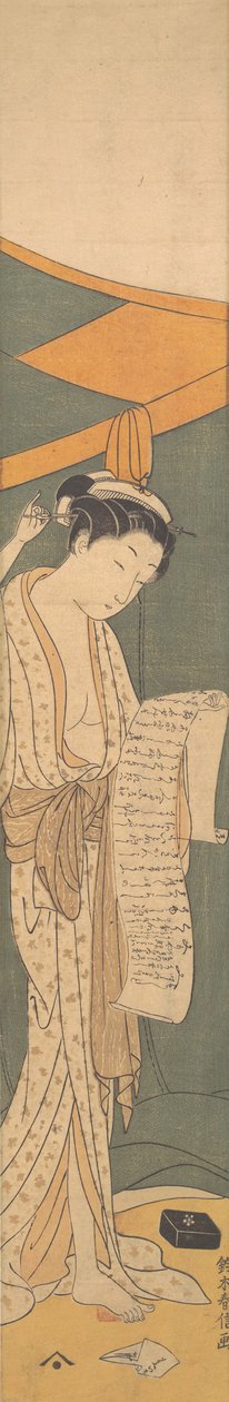 Kvinne i nattkåpe som leser et brev, 1764-72., 1764-72. av Suzuki Harunobu