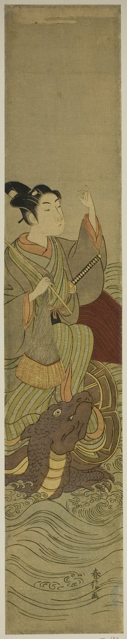 Ung mann som rir på en gigantisk skilpadde (parodi på Urashima Taro) av Suzuki Harunobu