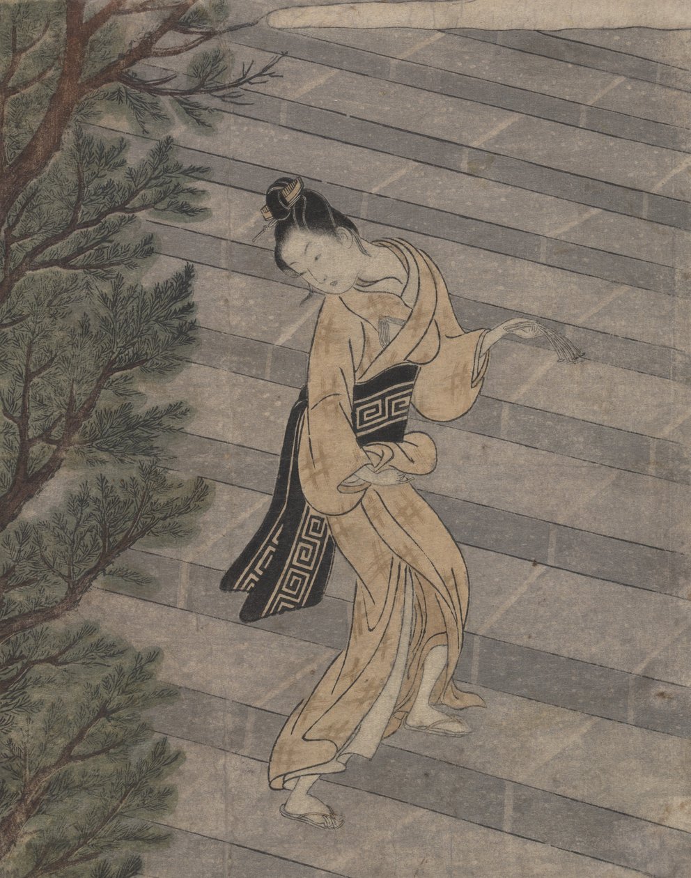 Ung kvinne som klatrer i steintrapper til et Shinto-tempel (treblokktrykk) av Suzuki Harunobu