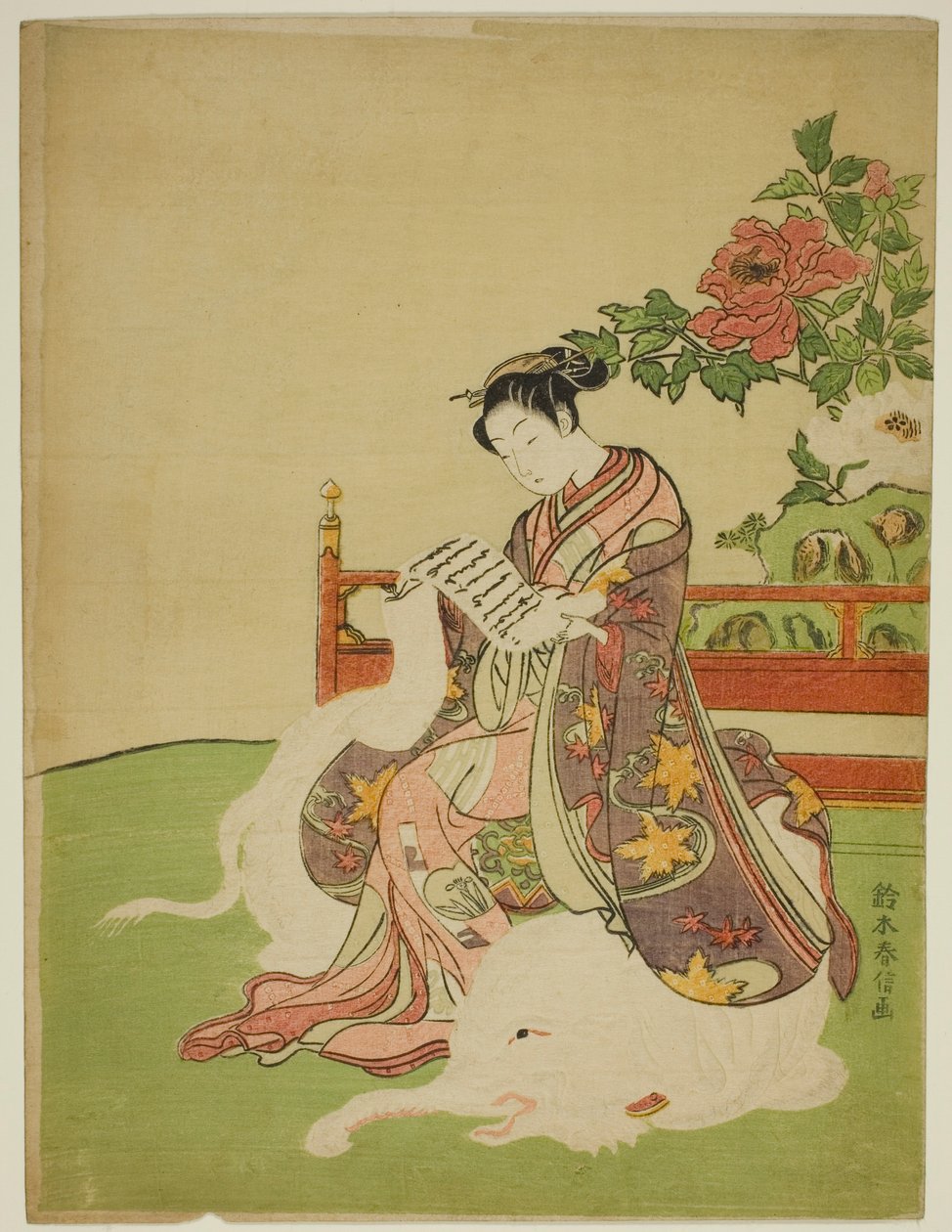 Ung kvinne sitter på en hvit elefant (parodi på Bodhisattva Fugen) av Suzuki Harunobu