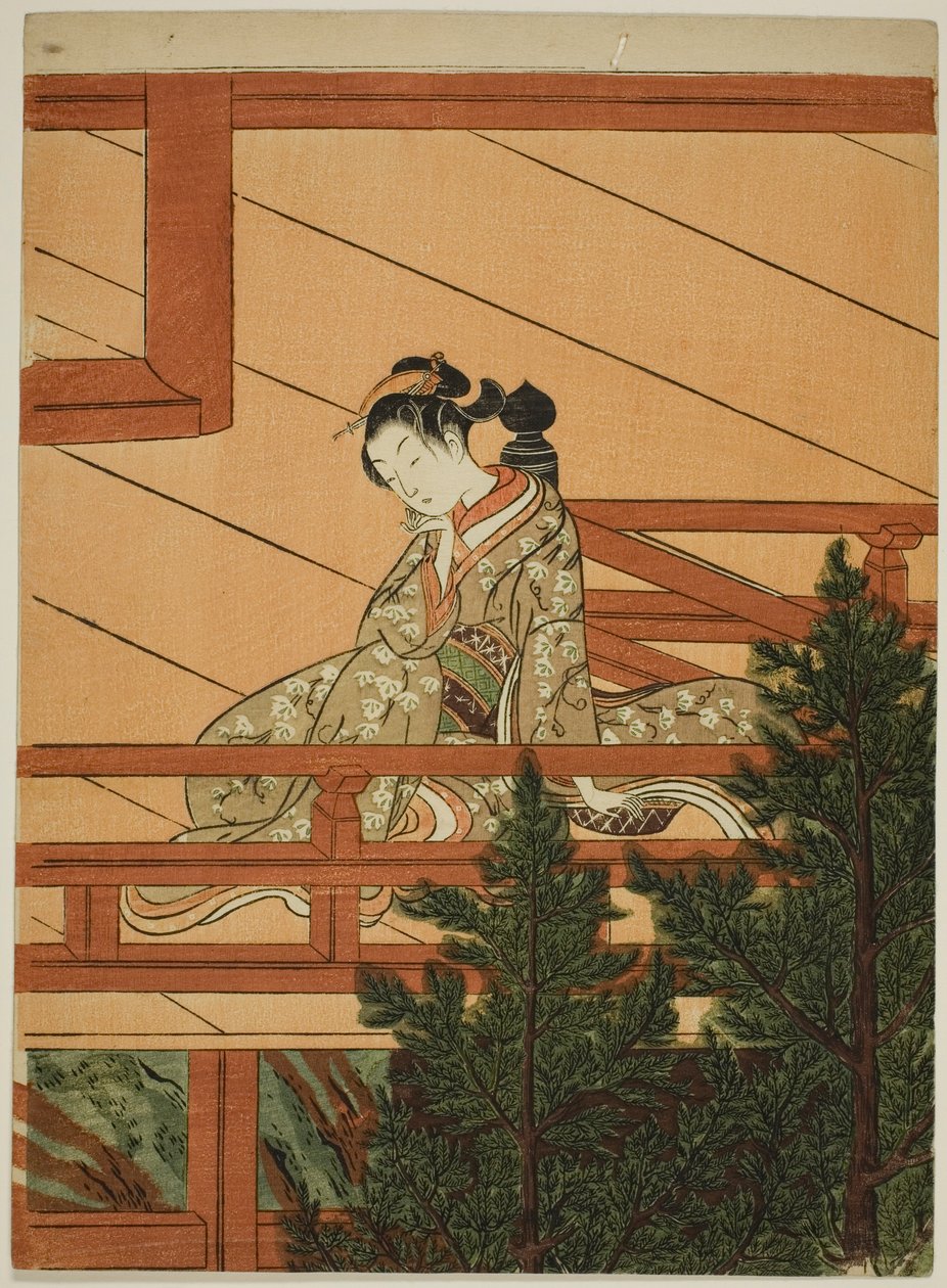 Ung kvinne sitter på balkongen til Kiyomizu-tempelet av Suzuki Harunobu
