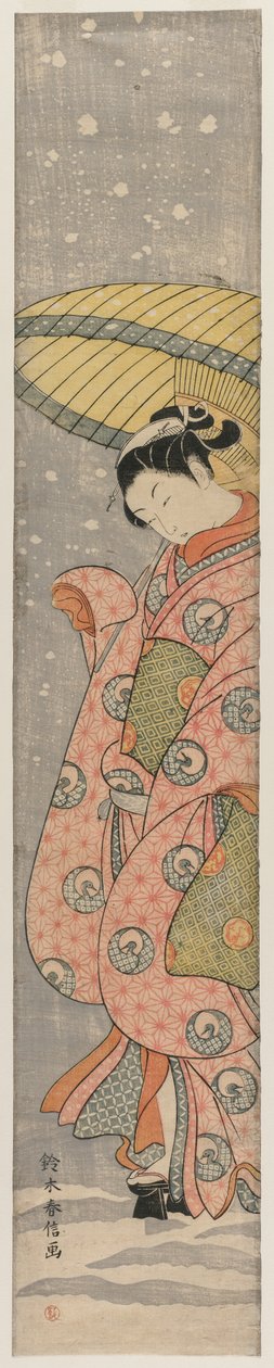 Ung kvinne som står under en paraply i snøen, 1767-1768. av Suzuki Harunobu