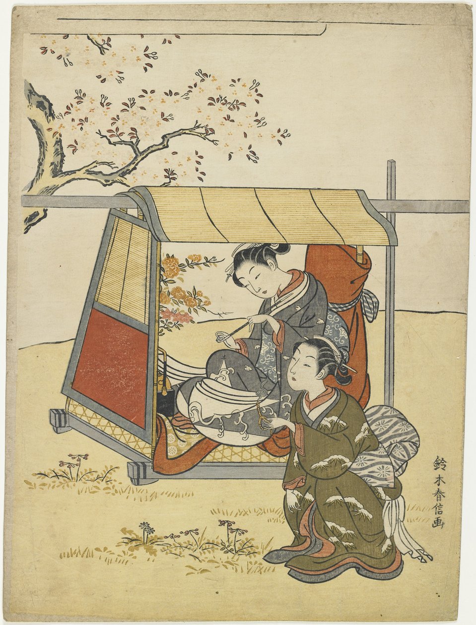 Ung kvinne som ser på kirsebærblomster som en likning av Lady Nakanokimi, ca. 1767 av Suzuki Harunobu