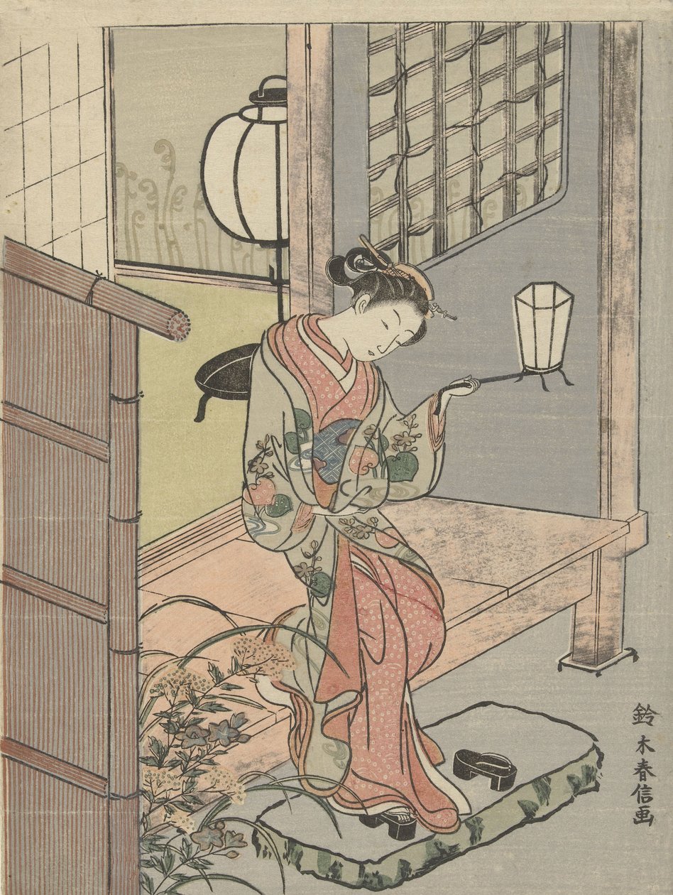 Ung kvinne med lykt, 1765-70 (fargetresnitt) av Suzuki Harunobu
