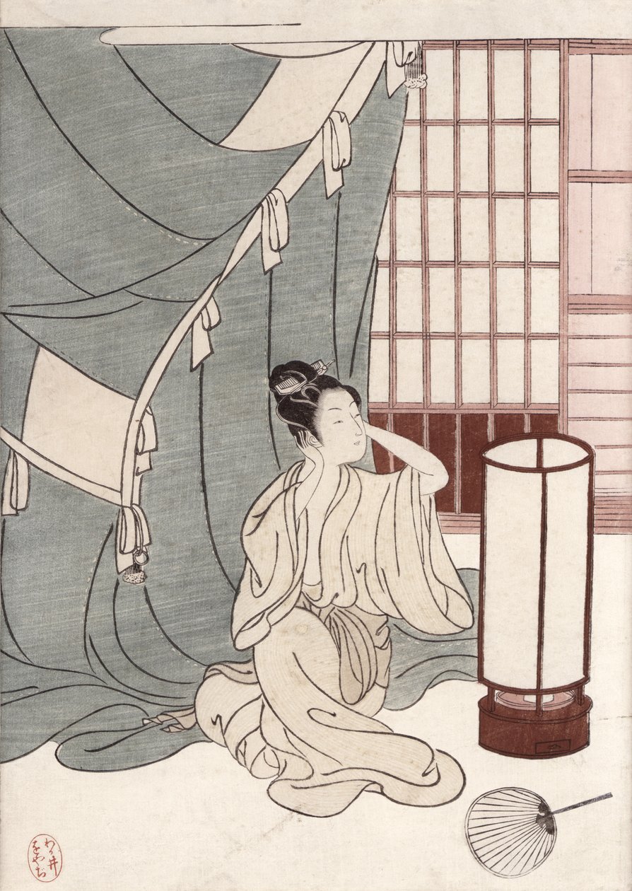 Ung kvinne som kneler ved myggnettingen, 1766 (farget treblokktrykk) av Suzuki Harunobu