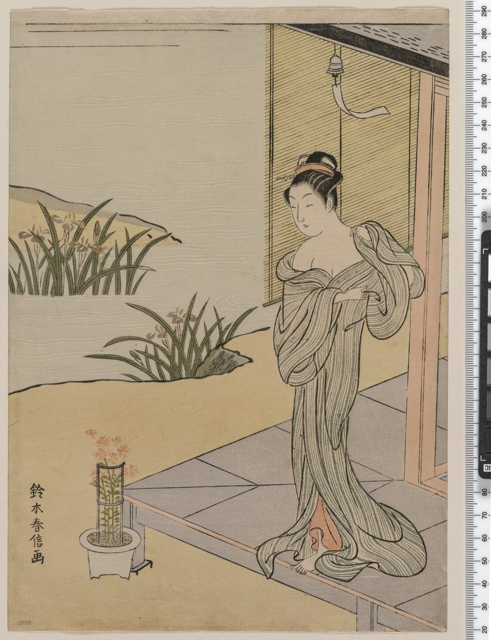 Ung kvinne ser på en gryte med rosa, ca. 1767 av Suzuki Harunobu