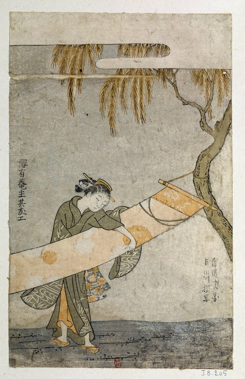 Ung kvinne som pleier en kakemono, fester seg til et tre. Japansk trykk av Harunobu Suzuki (1725–1770) av Suzuki Harunobu