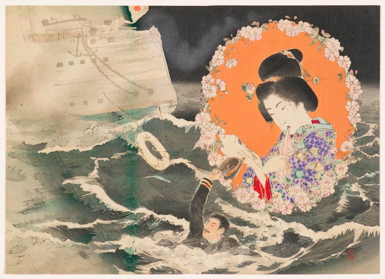 Frontispice-illustrasjon (kuchi-e) for bind 1 av romanen Asahizakura av Murai Gensai av Suzuki Kason