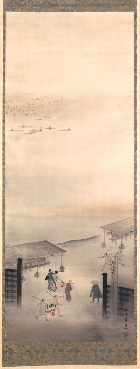 Yoshiwara og Shinagawa, Edo-perioden (blekk, farge og gull på silke) av Suzuki Kiitsu