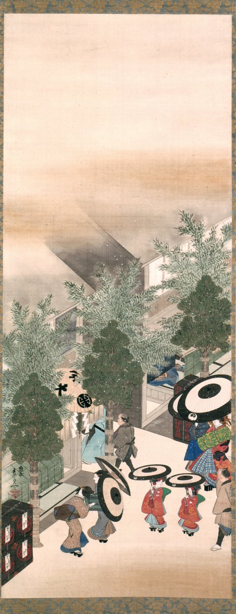 Yoshiwara og Shinagawa, Edo-perioden (blekk, farge og gull på silke) av Suzuki Kiitsu