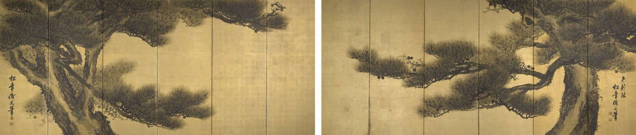 Aged Dragons (blekk og lys farge på bladgull over papir) av Suzuki Shōnen