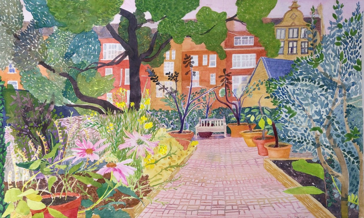 Hage med medisinplanter, Chelsea Physic Garden 2022 (akvarell på papir) av Suzy Fasht