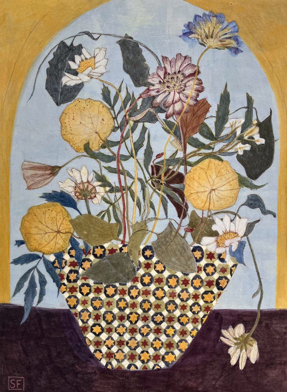 Gullalderblomster, 2024 (eggetempera på trepanel) av Suzy Fasht
