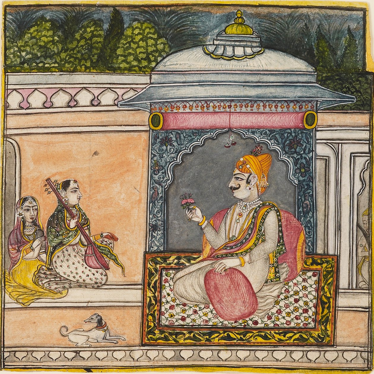 En Raja som lytter til musikk på en terrasse, c1800 av Svarup Ram