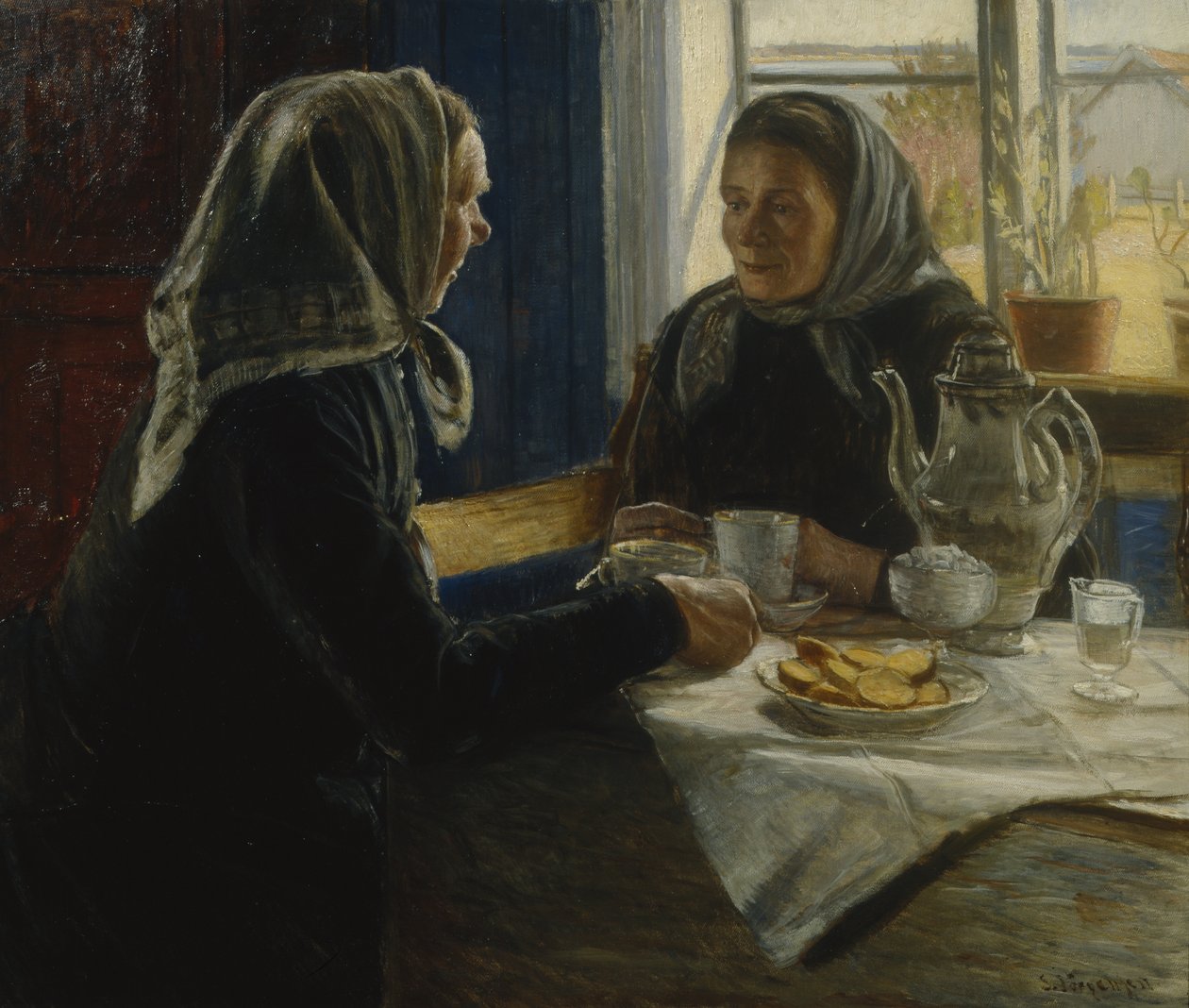 To kvinner drikker kaffe (olje på lerret) av Sven Jorgensen