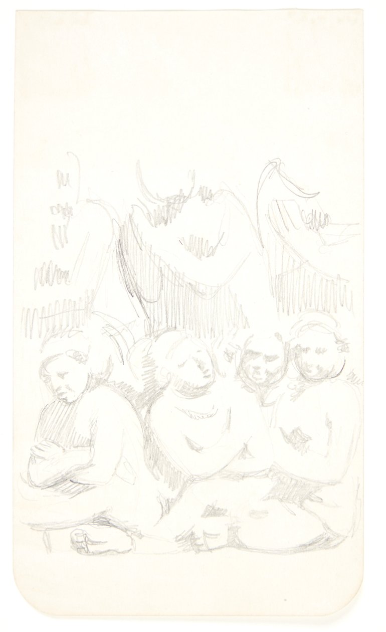 Gruppe av sittende figurer med kryssede armer i forgrunnen. Studieark etter relieffer i Borobudur, Java. av Svend Rathsack