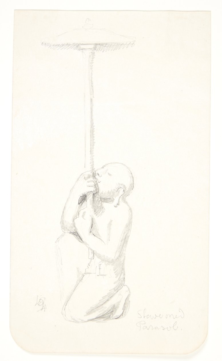 "Slave med parasoll". Studieark etter relieffer i Borobudur, Java. av Svend Rathsack