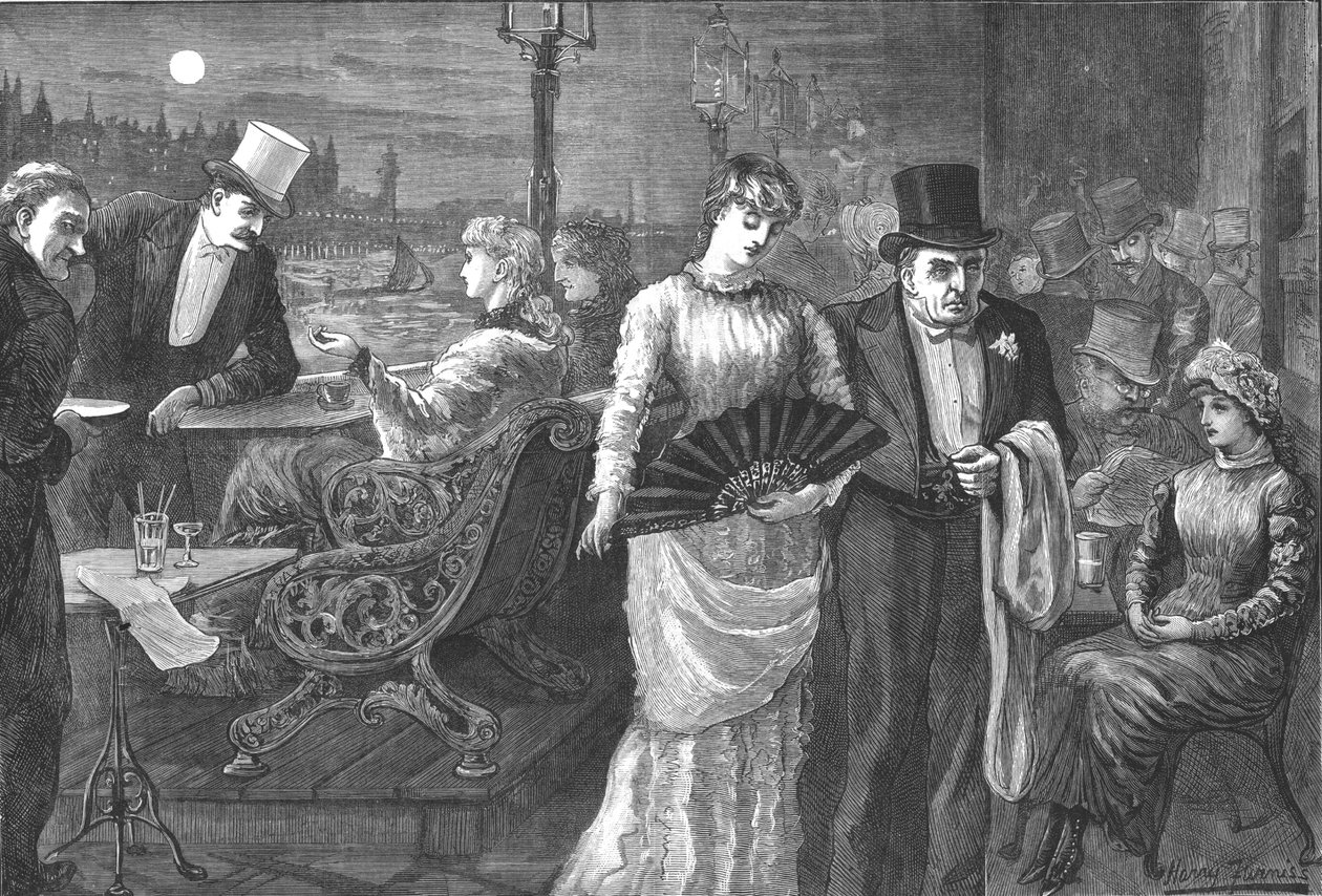 En midtsommernatt på terrassen til House of Commons, Palace of Westminster, 1881 av Swain