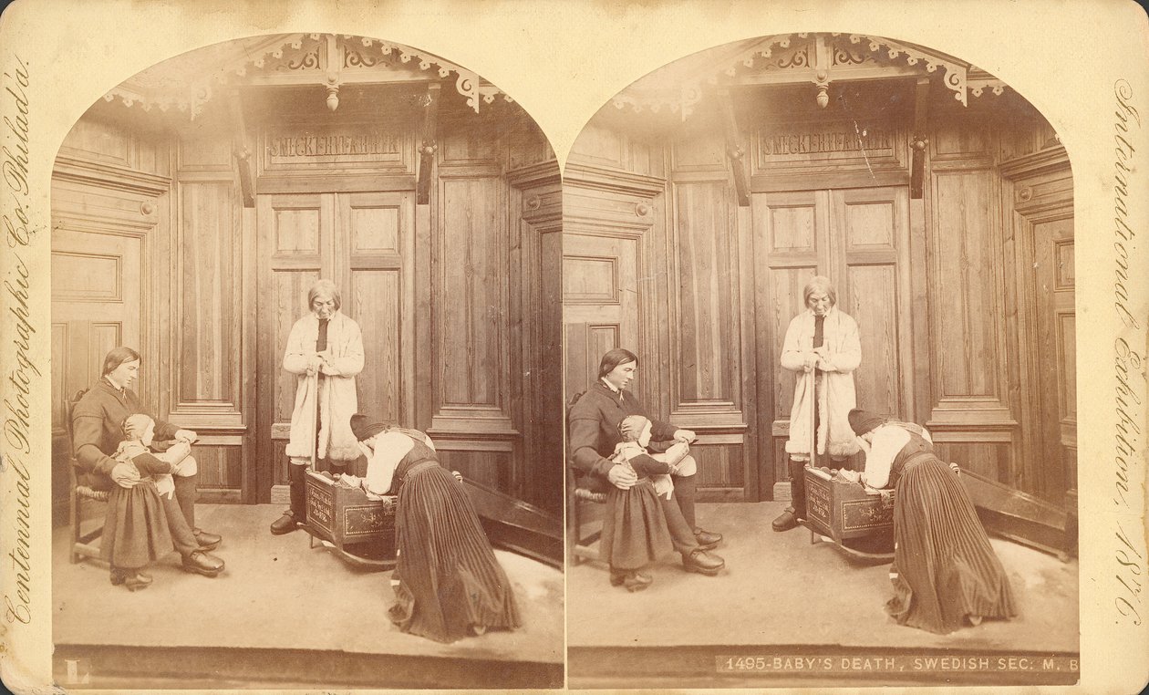 Babys Death, Swedish Section, fra utstillingstittel: Scener i svenskenes hjemmeliv, utstilling #na, hovedutstillingsbygning, bygning, 1876 (stereoskopisk trykk) av Swedish Photographer