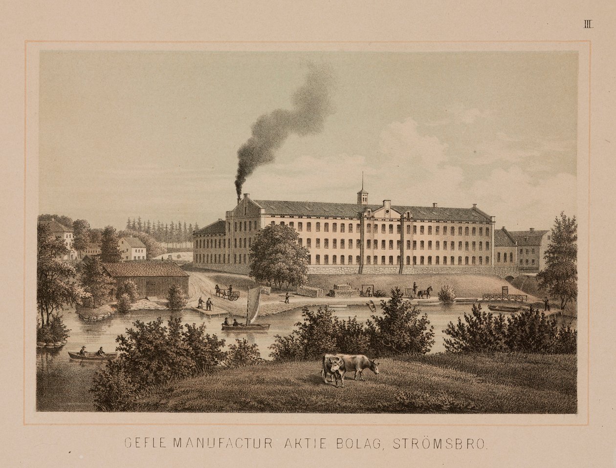 Bomullsfabrikk, Stromsbro, Sverige, ca. 1840 (farge litho) av Swedish School