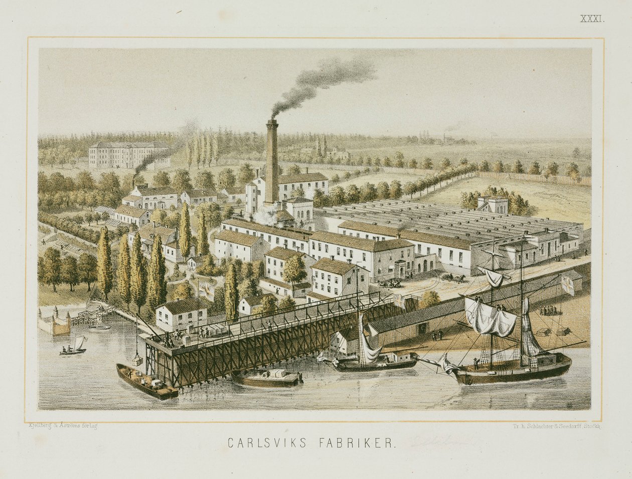 Tekstilfabrikk, Carlsviks, Stockholm, Sverige, ca. 1840 (farge litho) av Swedish School