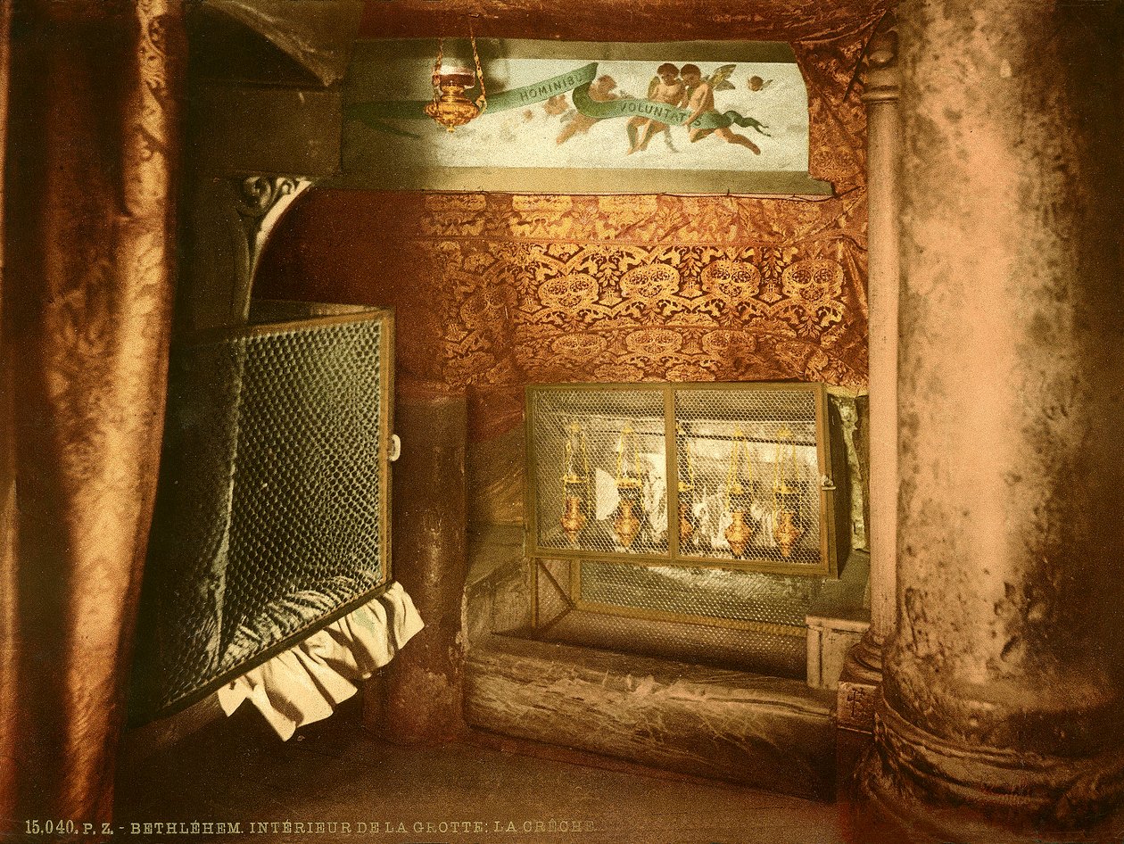 Interiør i grotten til Fødselskirken i Betlehem, ca. 1880-1900 (fotokrom) 88: fotokromt trykk laget av Photochrom Co., Zürich; av Swiss Photographer