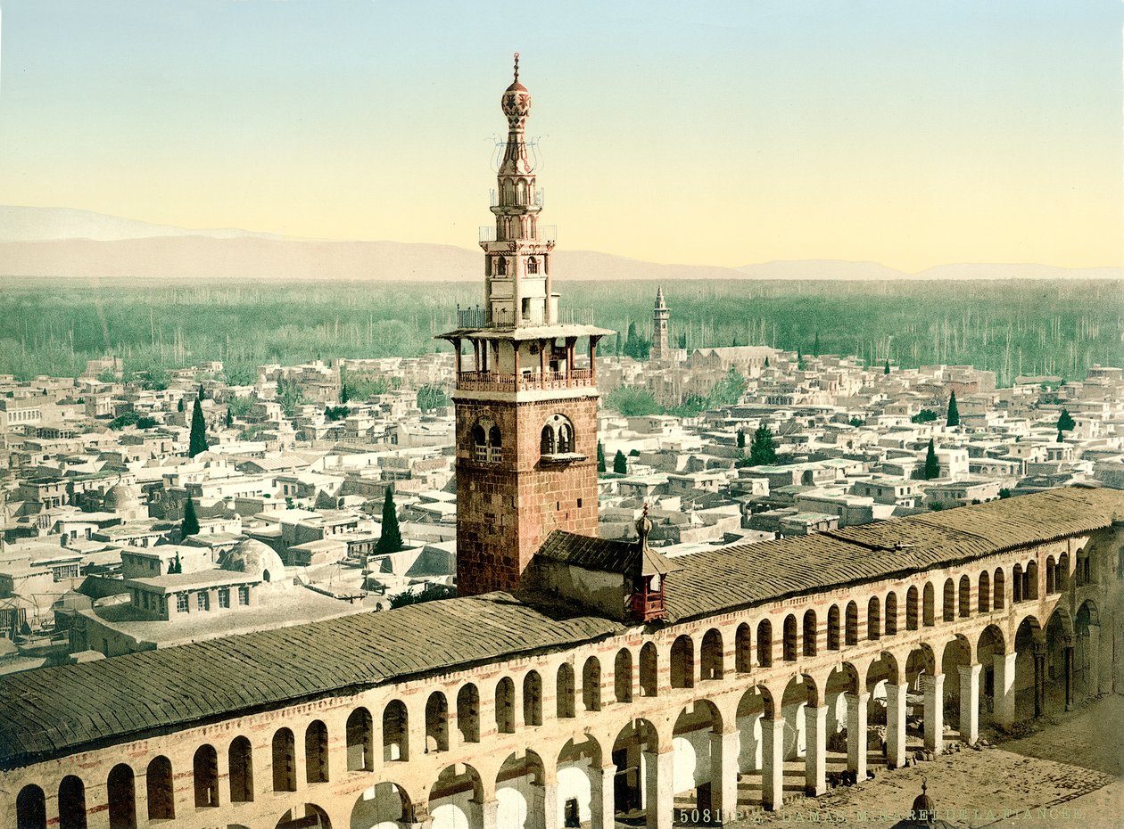 Den såkalte Minaret de la Fiancee fra den store Umayyad-moskeen i Damaskus, ca. 1880-1900 (fotokrom) av Swiss Photographer