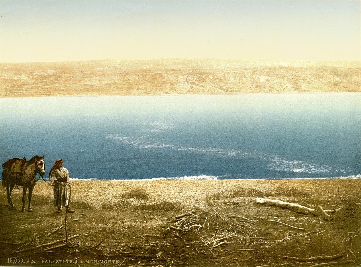 Utsikt over Dødehavet østover mot Moab, ca. 1880-1900 (fotokrom) av Swiss Photographer