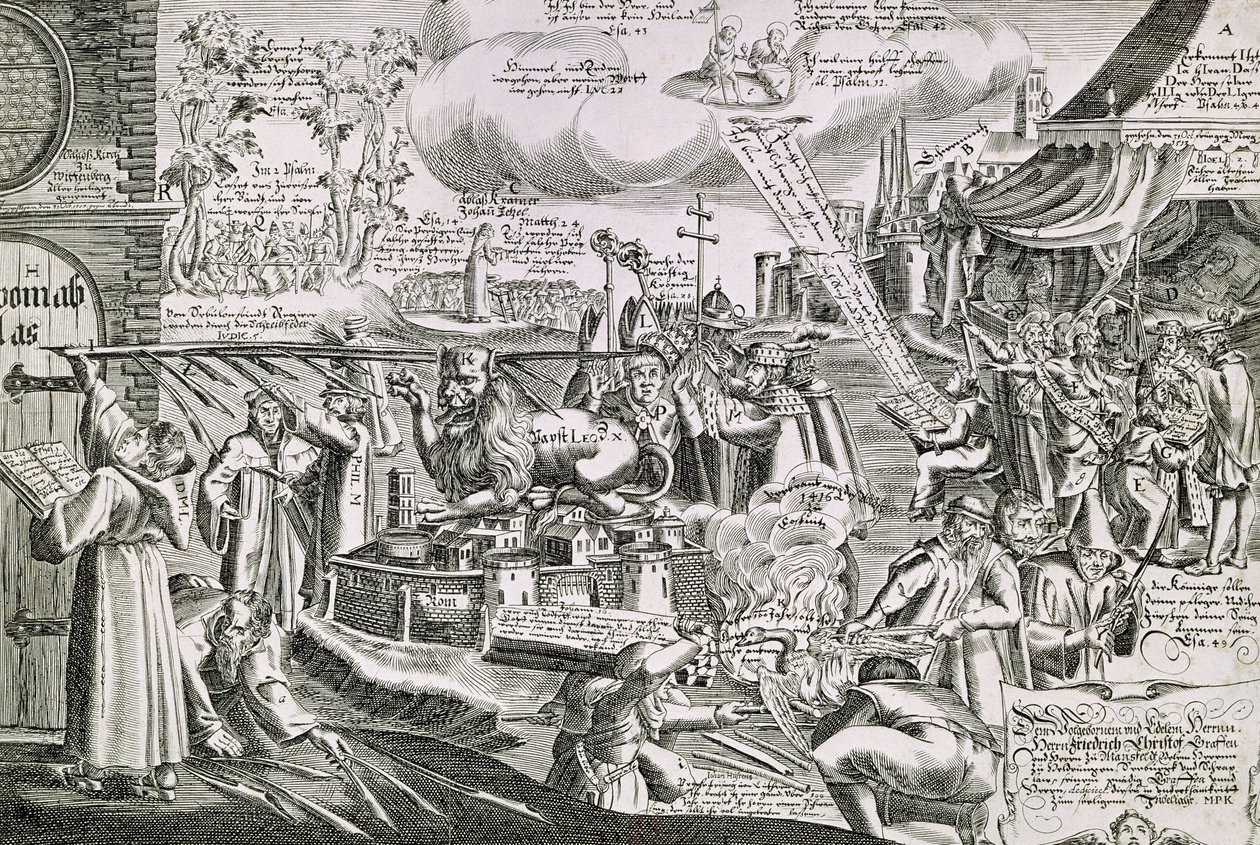 Martin Luther (1483-1546) skrev på kirkedøren i Wittenberg i 1517 av Swiss School