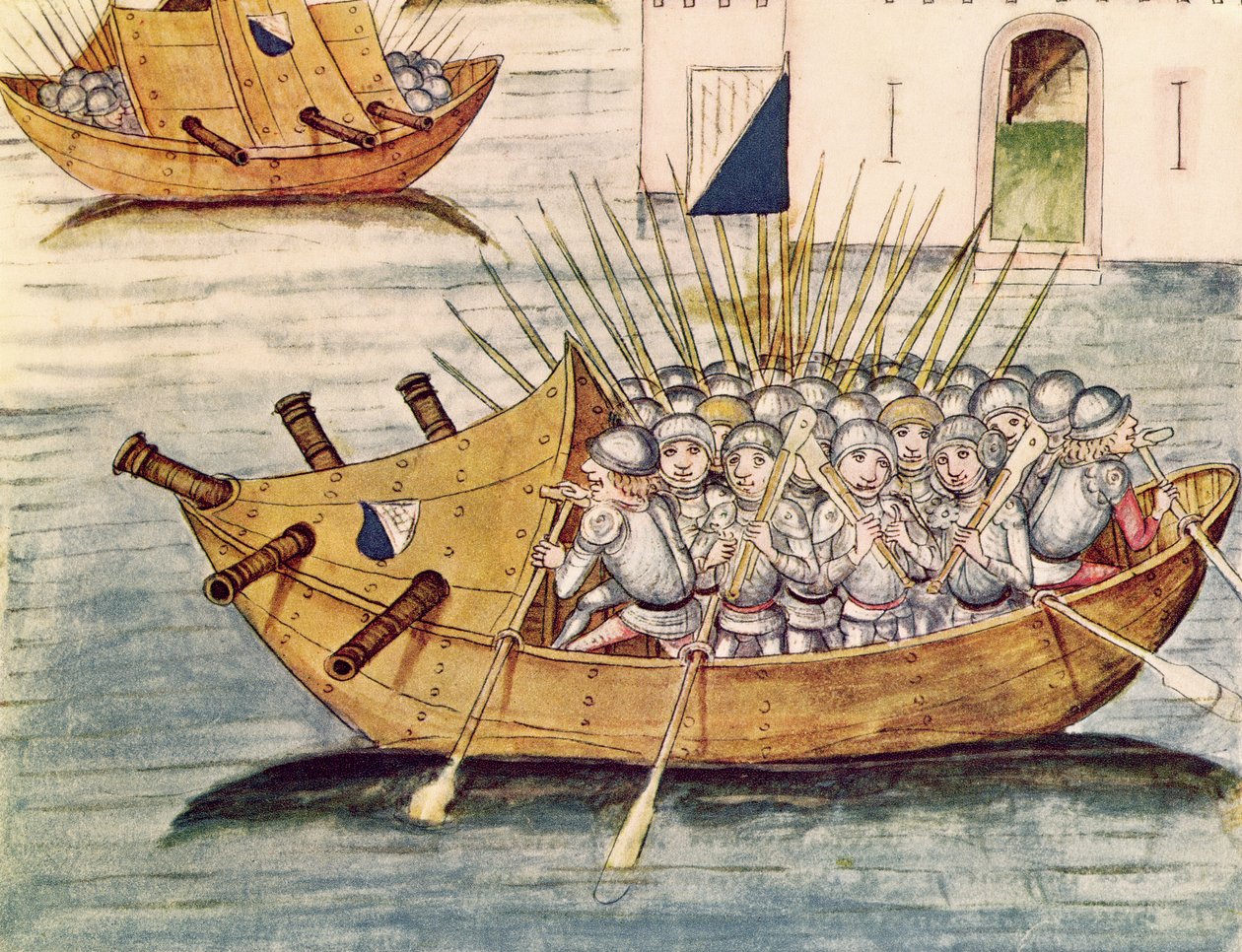 Soldater bevæpnet med våpen i et fartøy med kanoner, fra Berner Chronik, av Diebold Schilling den eldste (ca. 1445-85) 1483 av Swiss School