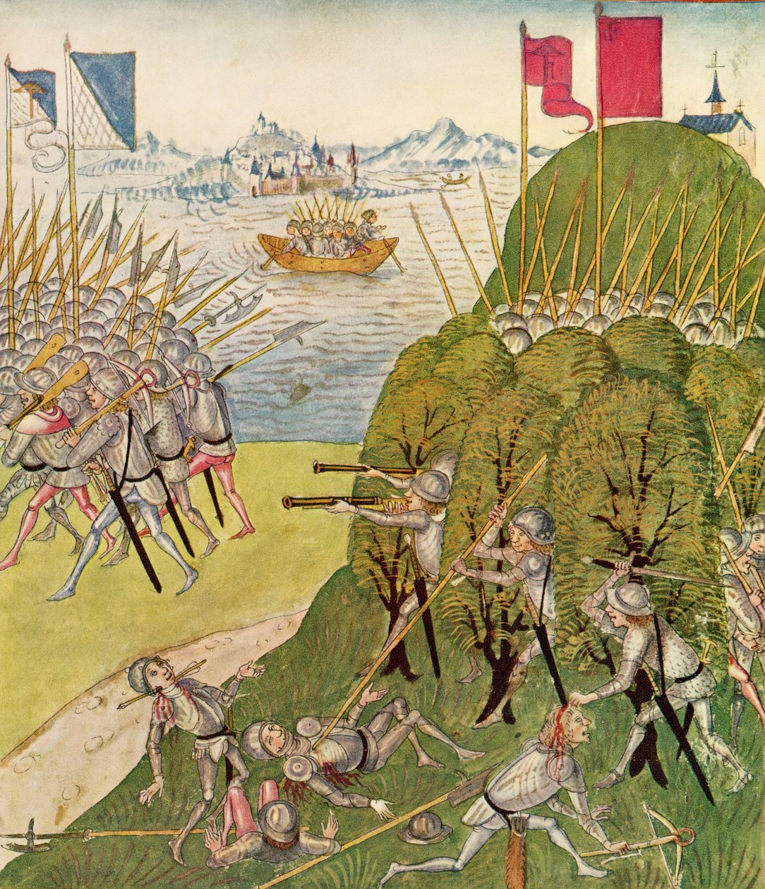 Soldater bevæpnet med våpen, lanser og armbrøster, fra Berner Chronik, av Diebold Schilling den eldste (ca. 1445-85) 1483 av Swiss School