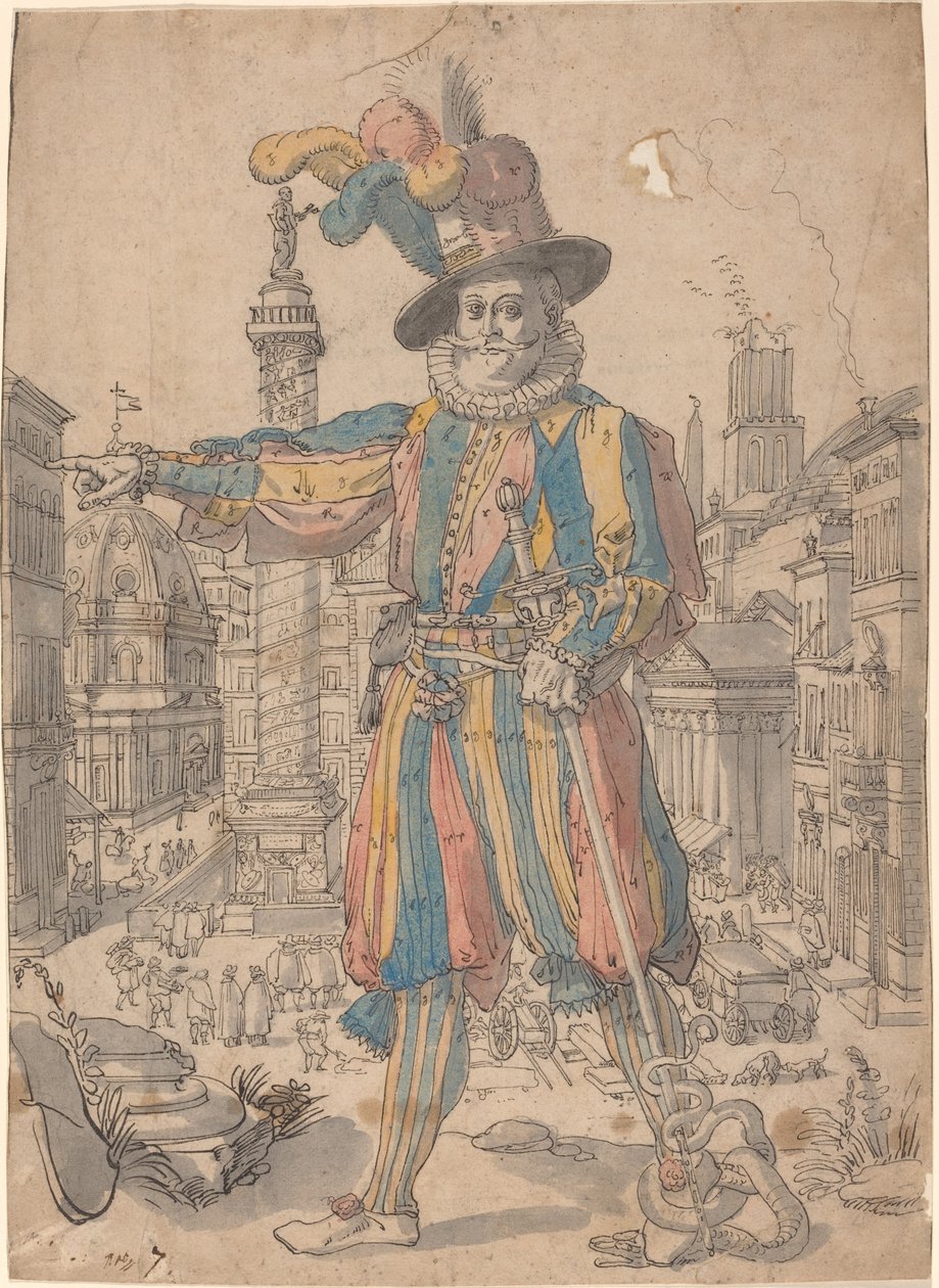 Giovanni Grosso fra de sveitsiske vaktene står foran en utsikt over Roma av Swiss 17th Century after Francesco Villamena