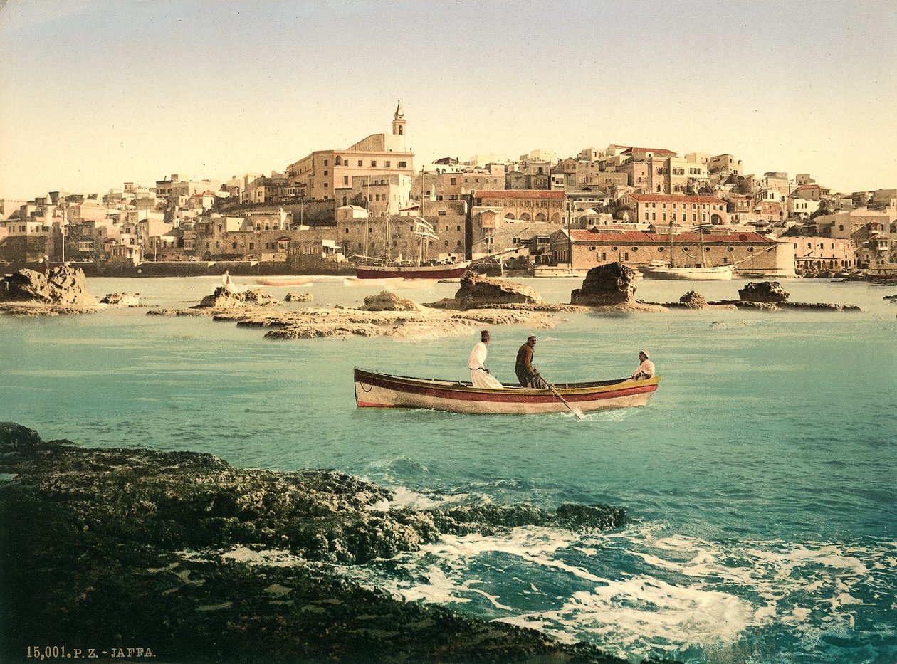 Jaffa havn med byen i bakgrunnen, ca. 1880-1900 (fotokrom) av Swiss Photographer