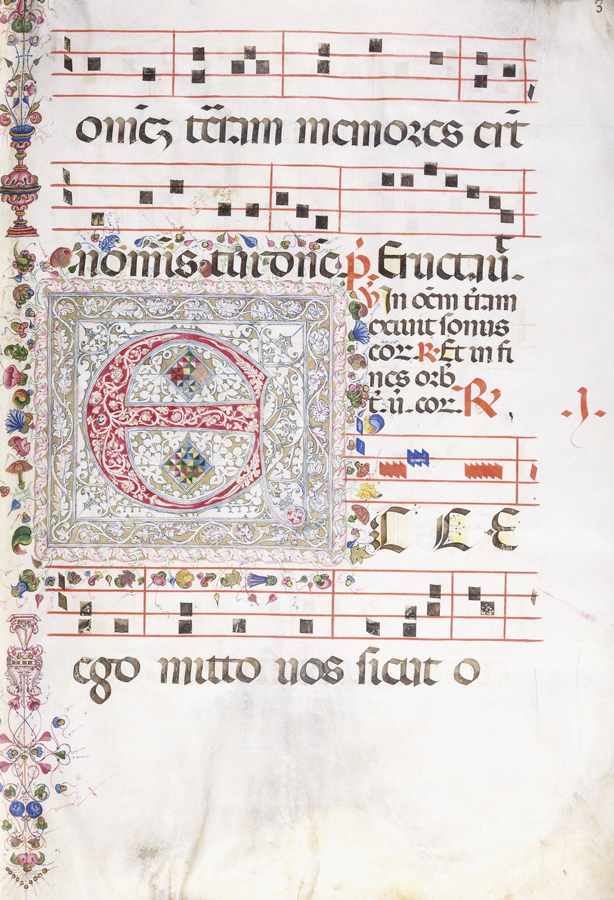 En stor dekorert initial "E", ca.1500 av Swiss School