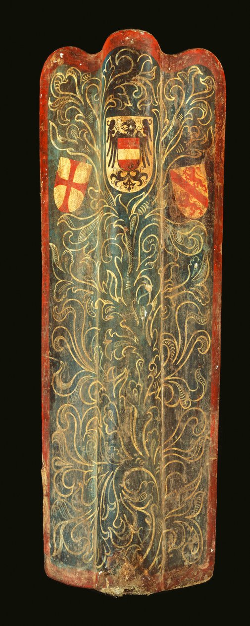 En sjelden sveitsisk pavise av tre dekket med gessomalt lerret av grønt rullende bladdesign og våpenskjoldene til Habsburg, League of St George og byen Winterthur, ca. 1445 av Swiss School