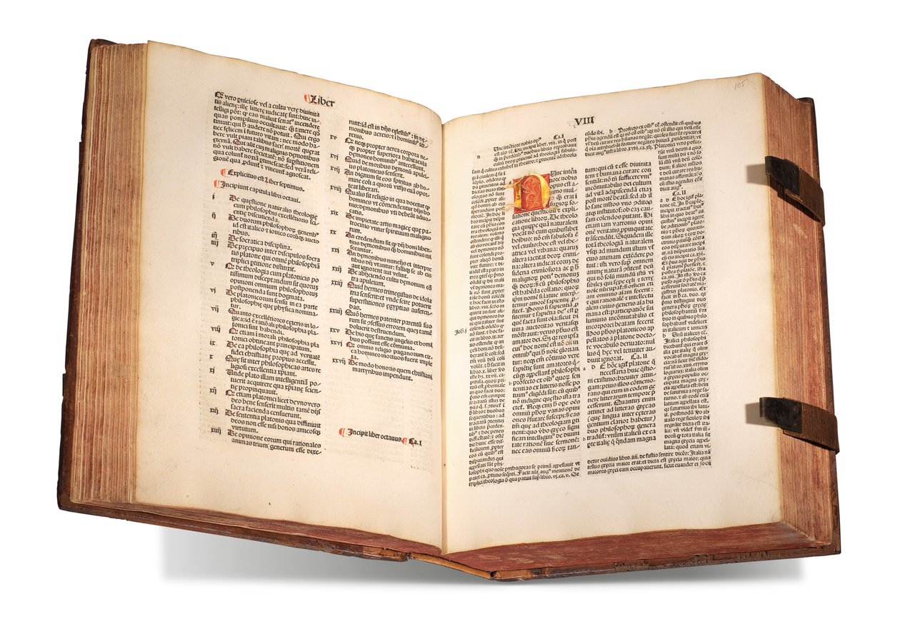 De civitate Dei, med kommentarer av Thomas Waleys (d. før 1349) og Nicolaus Trivet (1258?-1328), av Augustine av Hippo, trykt 1489 (vellum) av Swiss School