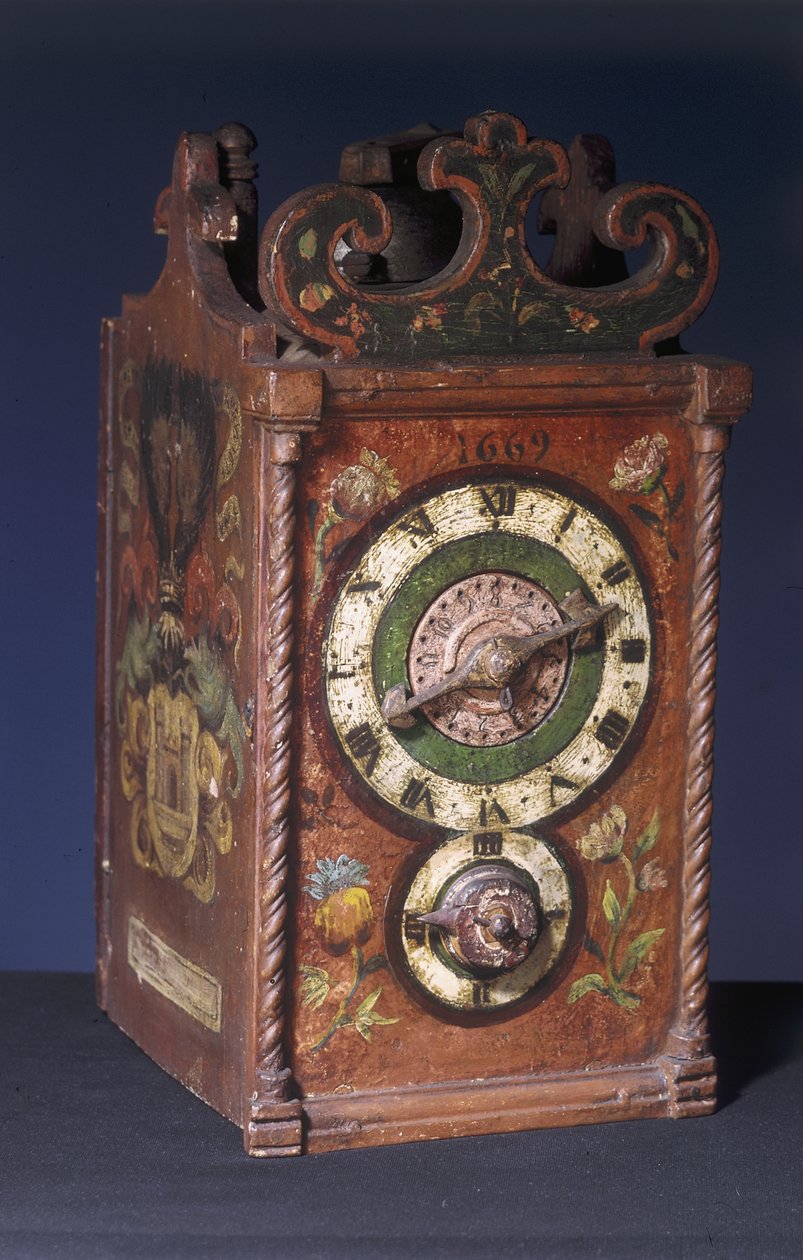 Innenriks vekkerklokke, 1669 (tre) (se også 8029) av Swiss School