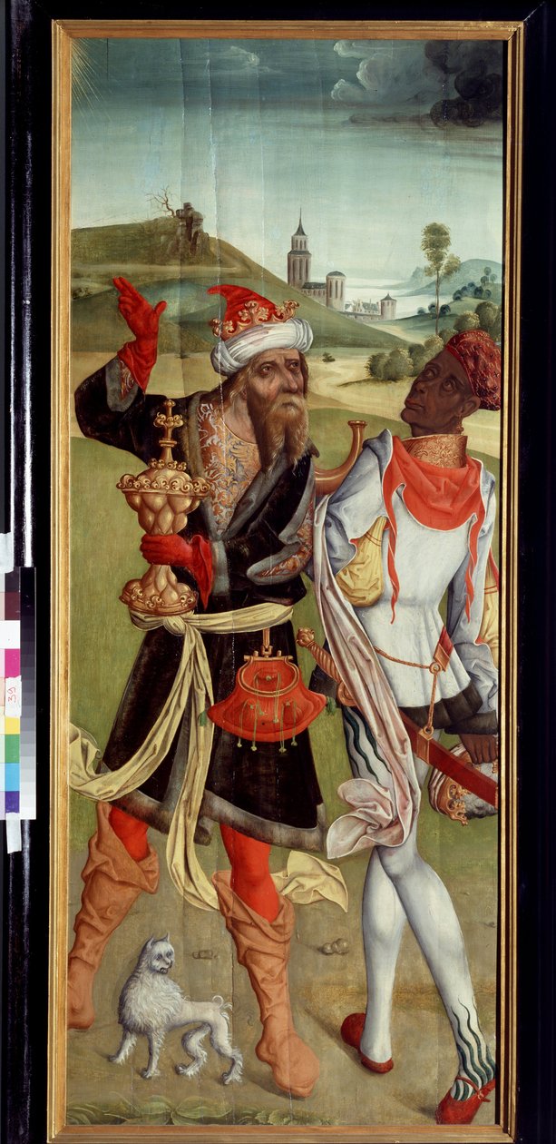 Tilbedelsen av Magi, to Magi. Maleri av en sveitsisk mester (begynnelsen av 1500-tallet). Olje på tre av Swiss School