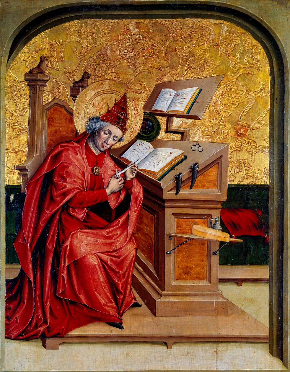 Portrett av Saint Gregoire den store eller den store (540-604) Pave fra 590 til 604 Maleri av den sveitsiske skolen på 1400-tallet Dijon, Museum of Fine Arts av Swiss School